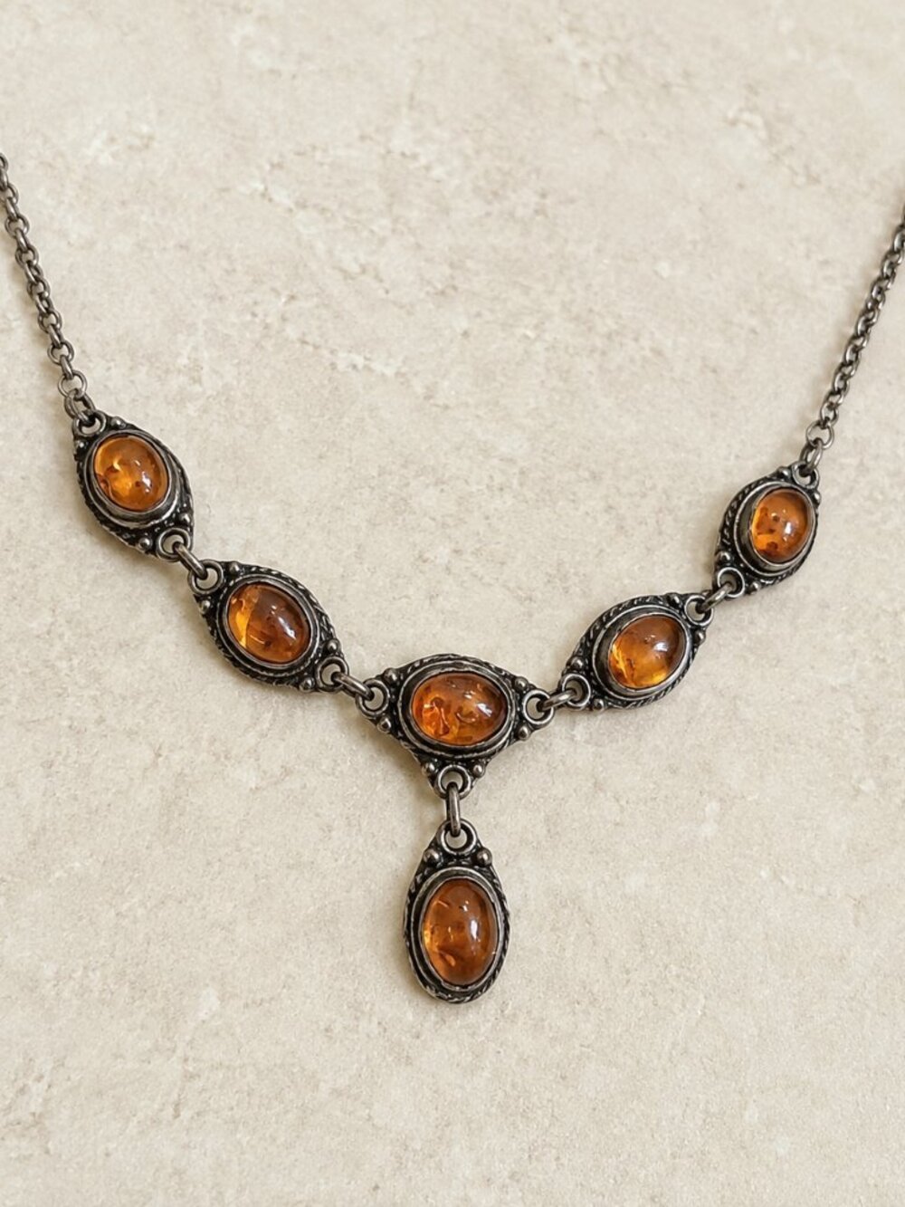 Vintage Sterling Silver 925 Honey Amber Y Necklace Cabochon Repair